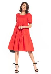 Tessita - Zwiewna Midi Sukienka - Czerwonah. Materiał: bawełna. Długość: midi
