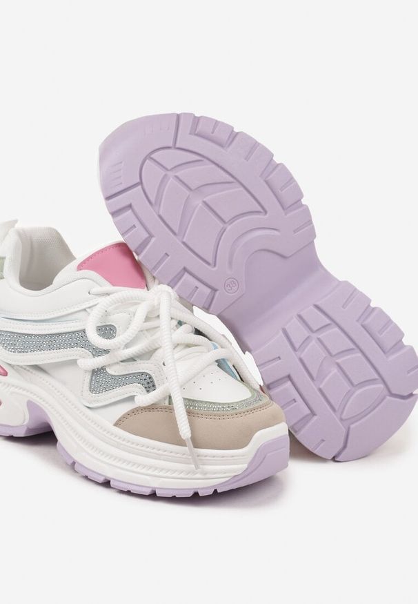 Born2be - Biało-Różowe Sneakersy z Podwójnym Sznurowaniem i Platformą Hilanne. Kolor: biały. Materiał: jeans, skóra. Obcas: na platformie