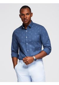 Ombre Clothing - Klasyczna męska bawełniana koszula SLIM FIT w palmy - ciemnoniebieska V5 OM-SHCS-0156 - XXL. Typ kołnierza: kołnierzyk klasyczny. Kolor: niebieski. Materiał: bawełna. Długość rękawa: długi rękaw. Długość: długie. Wzór: nadruk. Styl: klasyczny #4