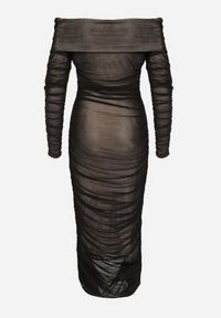 Born2be - Czarno-Beżowa Marszczona Sukienka Siateczkowa Hiszpanka z Wywiniętym Dekoltem Tinaveris. Typ kołnierza: dekolt hiszpanka. Kolor: czarny. Długość rękawa: długi rękaw. Sezon: lato. Styl: elegancki, klasyczny #3