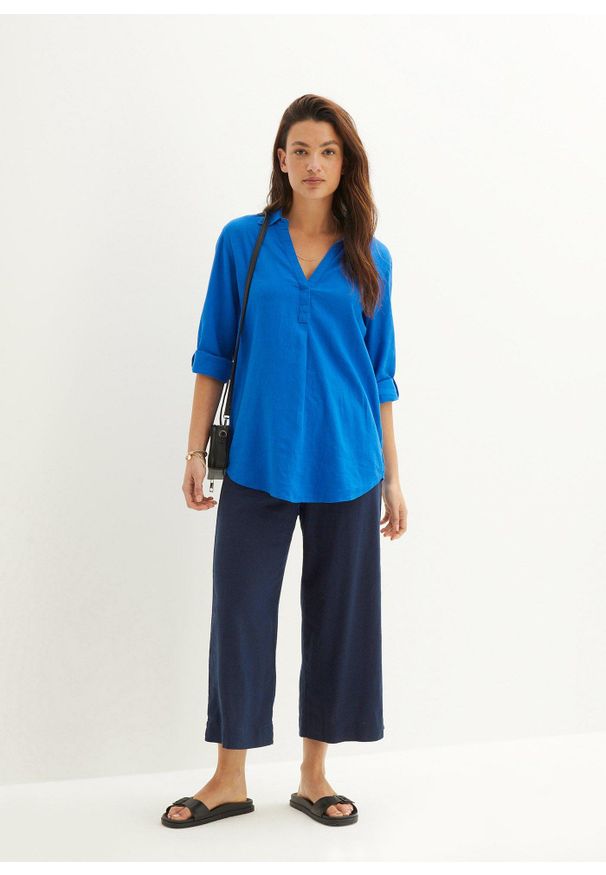 bonprix - Bluzka lniana, rękawy 3/4. Kolor: niebieski. Materiał: len