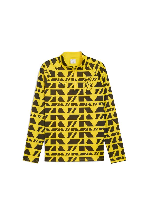 Puma - Męska bluza przedmeczowa z zamkiem 1/4 Borussia Dortmund PUMA. Kolor: żółty, czarny, wielokolorowy. Sport: bieganie