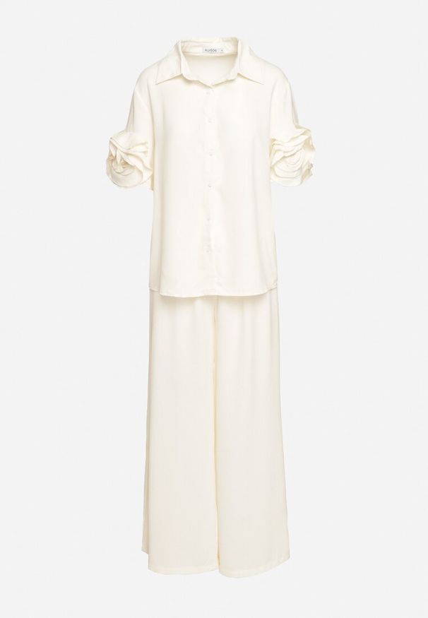 Born2be - Beżowy Komplet Koszula z Ozdobnymi Rękawami i Szerokie Spodnie Rivasene. Kolor: beżowy. Wzór: aplikacja