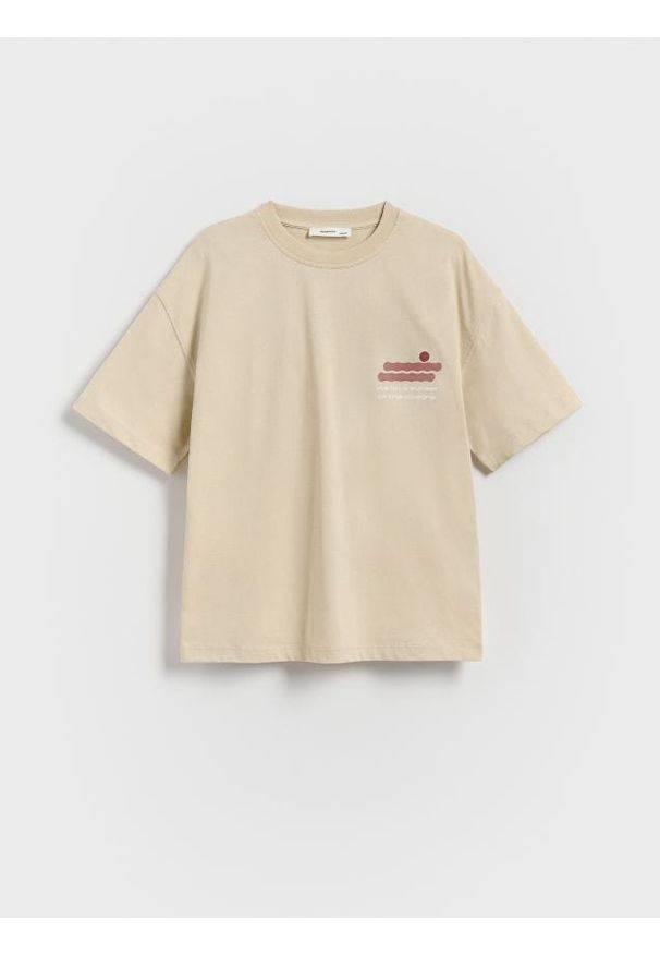 Reserved - Bawełniany t-shirt oversize - beżowy. Kolor: beżowy. Materiał: bawełna