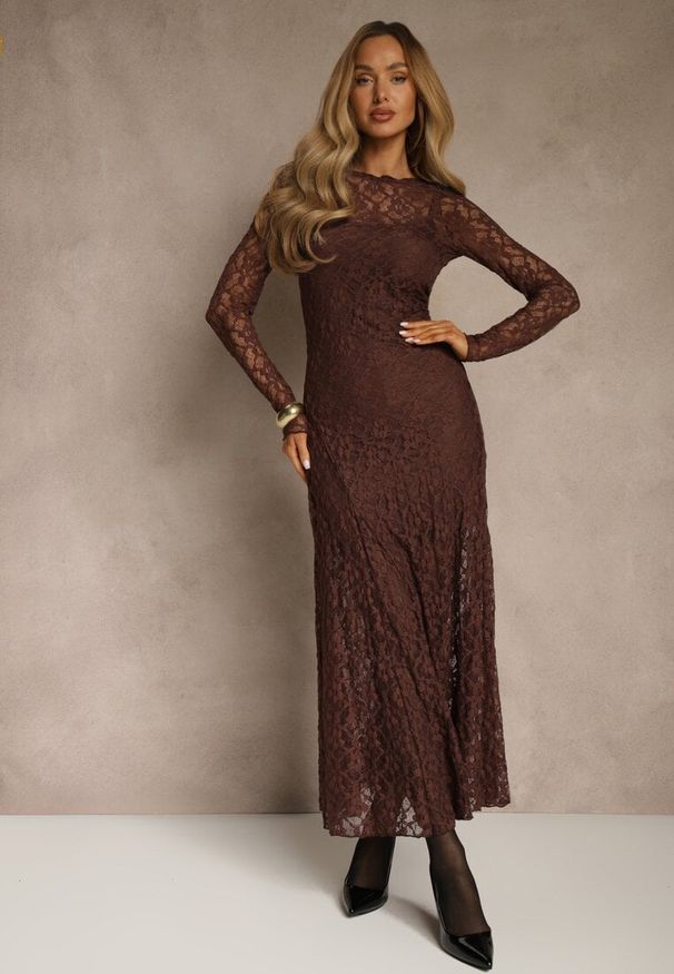 Renee - Brązowa Elegancka Sukienka z Koronki z Odkrytymi Plecami Lilafera. Okazja: na co dzień. Typ kołnierza: dekolt na plecach. Kolor: brązowy. Materiał: koronka. Długość rękawa: na ramiączkach. Wzór: koronka. Styl: elegancki