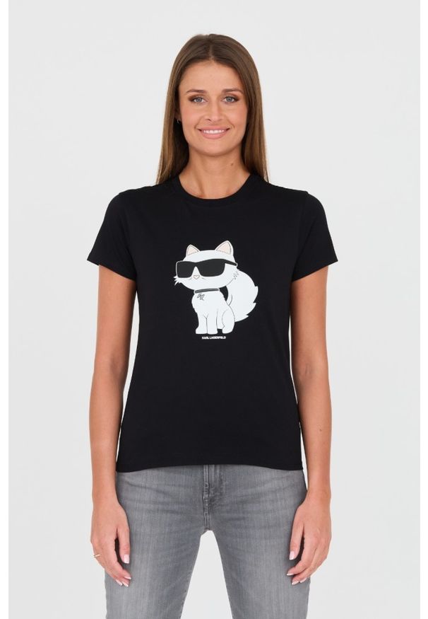 Karl Lagerfeld - KARL LAGERFELD Czarny damski t-shirt z kotem, Rozmiar S. Kolor: czarny