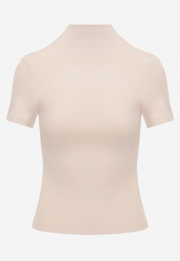 Born2be - Jasnobeżowy Dopasowany T-shirt z Wiskozy z Golfem Isovera. Okazja: do pracy, na spotkanie biznesowe. Typ kołnierza: golf. Kolor: beżowy. Materiał: wiskoza. Długość rękawa: krótki rękaw. Długość: krótkie. Wzór: aplikacja. Styl: biznesowy, elegancki