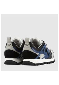 Emporio Armani - EMPORIO ARMANI Czarne sneakersy męskie z niebieskimi elementami, Rozmiar 40. Zapięcie: pasek. Kolor: czarny. Materiał: zamsz, skóra, materiał. Szerokość cholewki: normalna. Wzór: paski #2