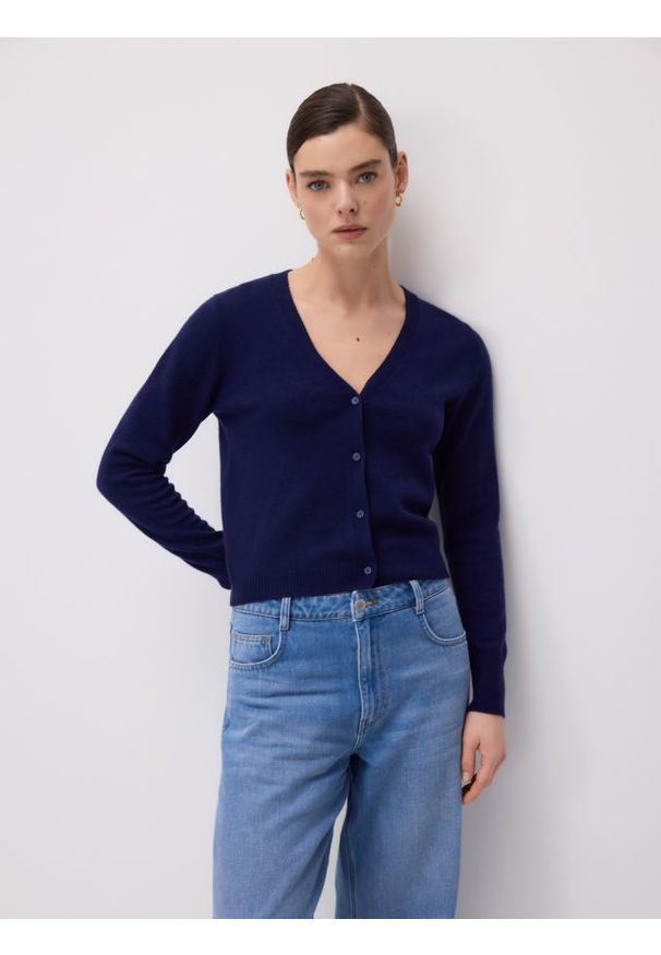 Reserved - Wełniany kardigan - granatowy. Kolor: niebieski. Materiał: wełna