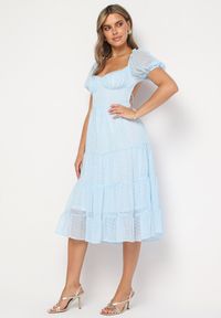 Born2be - Niebieska Sukienka Ozdobiona Bufkami Ipharei. Typ kołnierza: dekolt kwadratowy. Kolor: niebieski. Materiał: tkanina. Wzór: aplikacja. Styl: klasyczny, elegancki