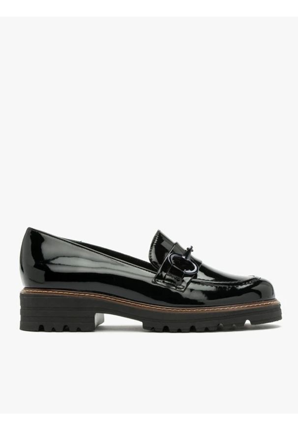 Ryłko - Czarne mokasyny z ozdobą na cholewce. Nosek buta: okrągły. Kolor: czarny. Materiał: skóra, lakier. Szerokość cholewki: normalna. Wzór: aplikacja. Obcas: na obcasie. Styl: street. Wysokość obcasa: średni