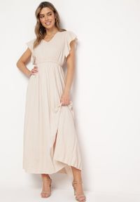 Born2be - Beżowa Plisowana Sukienka Maxi Rozkloszowana z Luźnymi Rękawkami Serahpine. Okazja: na spacer, na imprezę, na co dzień. Kolor: beżowy. Długość rękawa: krótki rękaw. Typ sukienki: proste. Styl: casual. Długość: maxi #1