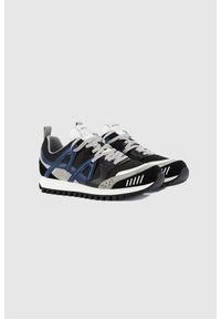 Emporio Armani - EMPORIO ARMANI Czarne sneakersy męskie z niebieskimi elementami, Rozmiar 40. Zapięcie: pasek. Kolor: czarny. Materiał: zamsz, skóra, materiał. Szerokość cholewki: normalna. Wzór: paski