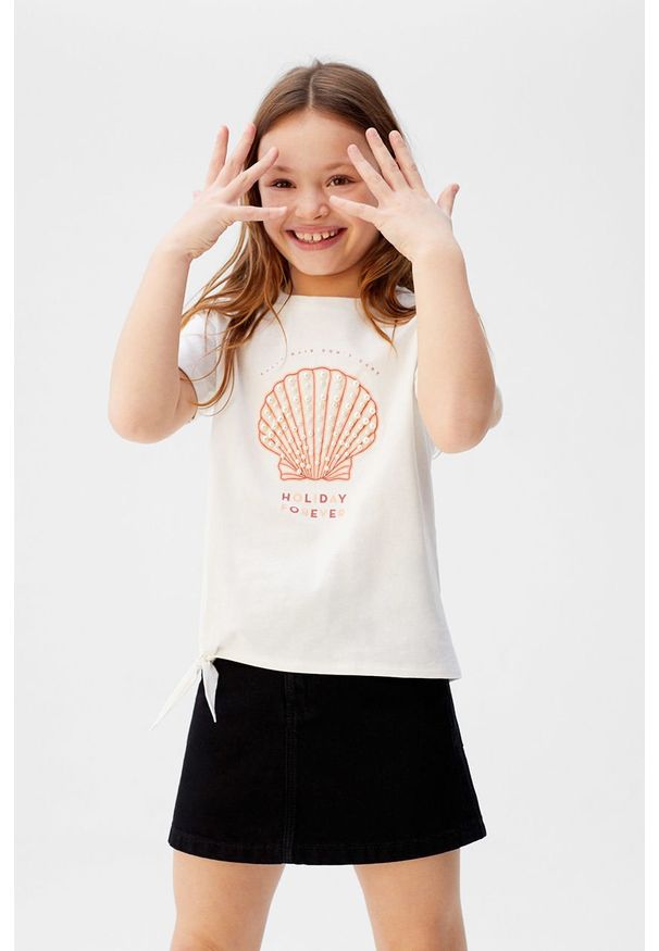 Mango Kids - T-shirt dziecięcy Shell 110-164 cm. Okazja: na co dzień. Kolor: biały. Materiał: bawełna, dzianina. Wzór: nadruk. Styl: casual