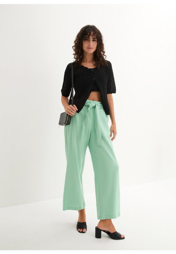 bonprix - Spodnie culotte z przewiewnej mieszanki lnu. Kolor: zielony. Materiał: len