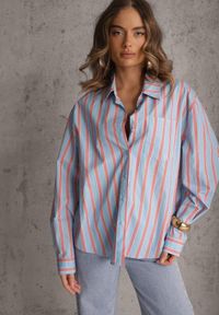 Renee - Niebieska Koszula z Bawełny Oversize w Pionowe Paski Telaria. Kolor: niebieski. Materiał: bawełna. Wzór: paski #1