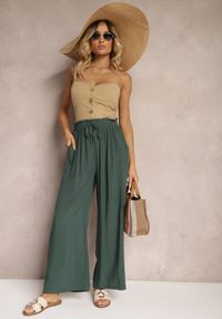 Renee - Zielone Spodnie z Bawełny High Waist z Szerokimi Nogawkami i Gumką w Pasie Clisea. Stan: podwyższony. Kolor: zielony. Materiał: bawełna. Sezon: lato