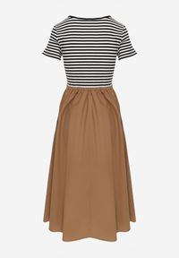 Born2be - Czarno-Beżowa Rozkloszowana Sukienka z Bawełny Imitująca Bluzkę w Paski i Spódnicę Chathusa. Okazja: na co dzień. Kolor: czarny. Materiał: bawełna. Wzór: paski. Sezon: lato. Typ sukienki: rozkloszowane, proste. Styl: casual, klasyczny #4