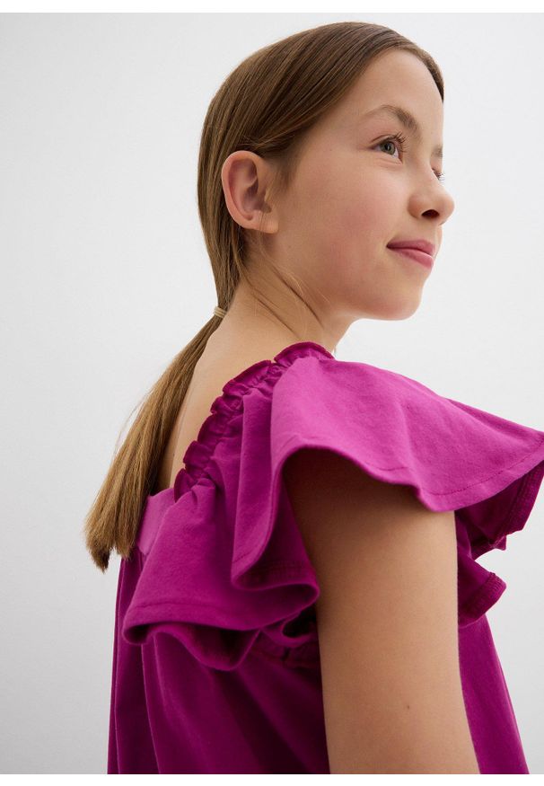 bonprix - Sukienka z dżerseju z elastycznej mieszanki bawełny organicznej. Typ kołnierza: kołnierz z falbankami. Kolor: fioletowy. Materiał: jersey, bawełna