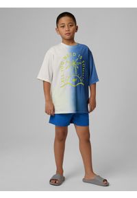 4f - 4F T-shirt loose z nadrukiem chłopięcy - niebieski 158 (12-13 lat). Okazja: na co dzień, na uczelnię. Kolor: niebieski. Materiał: skóra, dresówka, dzianina, materiał, bawełna. Wzór: nadruk. Sezon: lato. Styl: casual #2