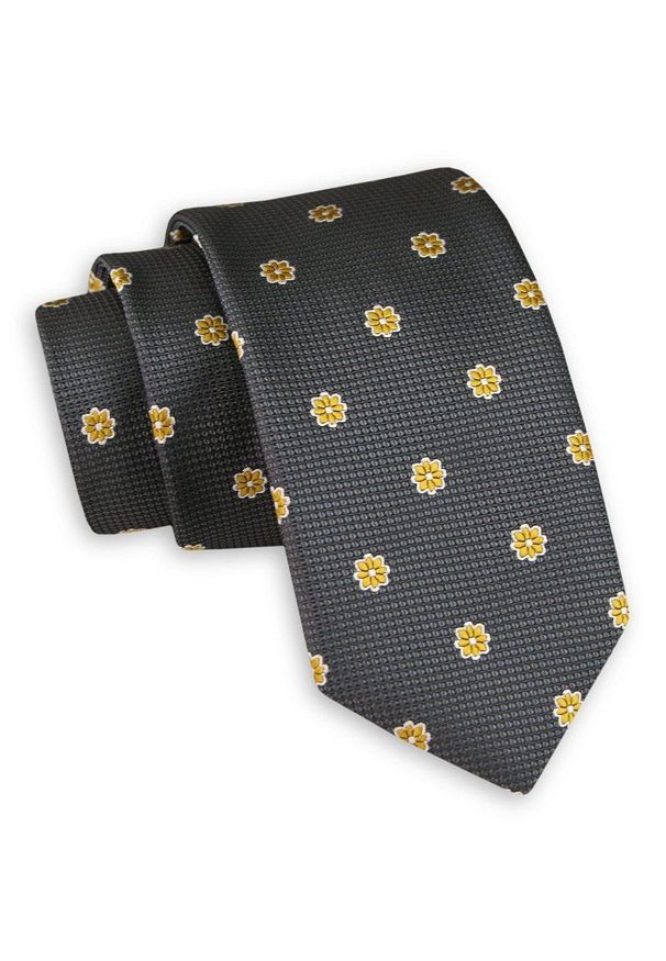 Szary Elegancki Krawat -Angelo di Monti- 6 cm, Męski, w Żółte Kwiatki. Kolor: złoty, wielokolorowy, żółty. Wzór: kwiaty. Styl: elegancki