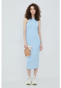 Vero Moda sukienka midi dopasowana. Kolor: niebieski. Materiał: materiał, bawełna, dzianina. Typ sukienki: dopasowane. Długość: midi