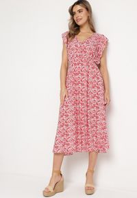 Born2be - Czerwona Sukienka Bawełniana z Gumką w Talii i Mozaikowym Wzorem Indaria. Kolor: czerwony. Materiał: bawełna #5