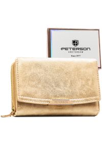 Beżowy portfel damski ze skóry ekologicznej zamykany na zatrzask i suwak - Peterson. Kolor: beżowy. Materiał: skóra ekologiczna #1