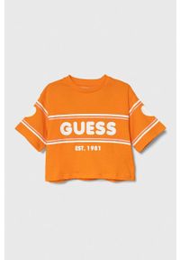 Guess t-shirt bawełniany dziecięcy kolor pomarańczowy. Okazja: na co dzień. Kolor: pomarańczowy. Materiał: bawełna. Długość rękawa: krótki rękaw. Długość: krótkie. Styl: casual, klasyczny