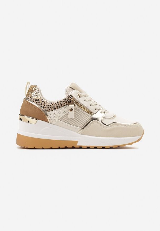 Born2be - Beżowo-Brązowe Sneakersy na Koturnie z Suwakiem i Ozdobnymi Naszywkami Jelenia. Nosek buta: okrągły. Zapięcie: sznurówki. Kolor: beżowy. Materiał: materiał. Wzór: aplikacja. Obcas: na koturnie. Wysokość obcasa: średni