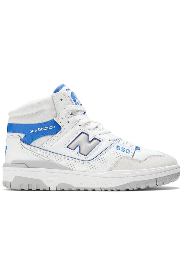 Buty New Balance BB650RWI - białe. Okazja: na co dzień. Wysokość cholewki: przed kolano. Kolor: biały. Materiał: skóra, materiał. Szerokość cholewki: normalna. Sezon: lato. Sport: koszykówka, fitness