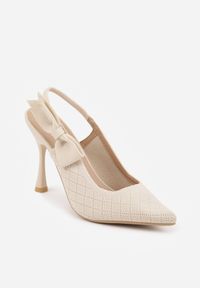 Renee - Beżowe Szpilki Slingback VICES z Elastycznej Dzianiny z Wkładką Soft-Pillow i Ozdobną Kokardą Risnara. Okazja: na co dzień. Zapięcie: pasek. Kolor: beżowy. Materiał: dzianina. Obcas: na szpilce. Styl: casual #3