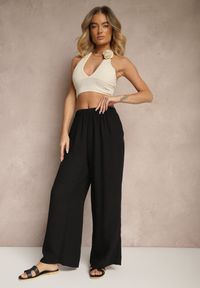 Renee - Czarne Spodnie Palazzo o Szerokim Kroju High Waist Ollevia. Okazja: na co dzień, na spotkanie biznesowe. Stan: podwyższony. Kolor: czarny. Materiał: jedwab. Wzór: aplikacja. Styl: biznesowy, elegancki, casual
