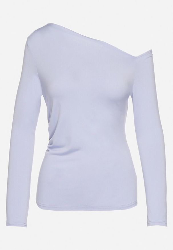 Born2be - Niebieska Bluzka z Asymetrycznym Dekoltem i Marszczeniem Ninalira. Okazja: na co dzień. Kolor: niebieski. Styl: elegancki, casual