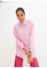 bonprix - Bluzka koszulowa w paski, oversized. Kolor: różowy. Materiał: bawełna. Wzór: paski. Styl: elegancki
