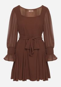 Born2be - Brązowa Sukienka Vices z Siateczkowymi Rękawami i Wiązanym Paskiem Resnala. Okazja: na co dzień. Typ kołnierza: dekolt kwadratowy. Kolor: brązowy. Materiał: materiał. Typ sukienki: rozkloszowane. Styl: casual, elegancki #6