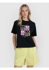 4f - 4F T-shirt oversize z nadrukiem damski - czarny XXL. Okazja: na co dzień. Kolor: czarny. Materiał: bawełna, jersey, dzianina, materiał. Długość rękawa: krótki rękaw. Długość: krótkie. Wzór: nadruk. Styl: sportowy, casual, klasyczny