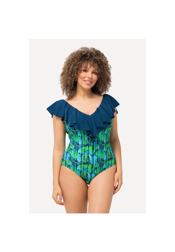 ULLA POPKEN - Damski Kostium kąpielowy kwiaty paski miękkie miseczki falbana. Kolekcja: plus size. Kolor: zielony, niebieski, wielokolorowy. Materiał: elastan, poliamid, materiał. Wzór: paski, kwiaty