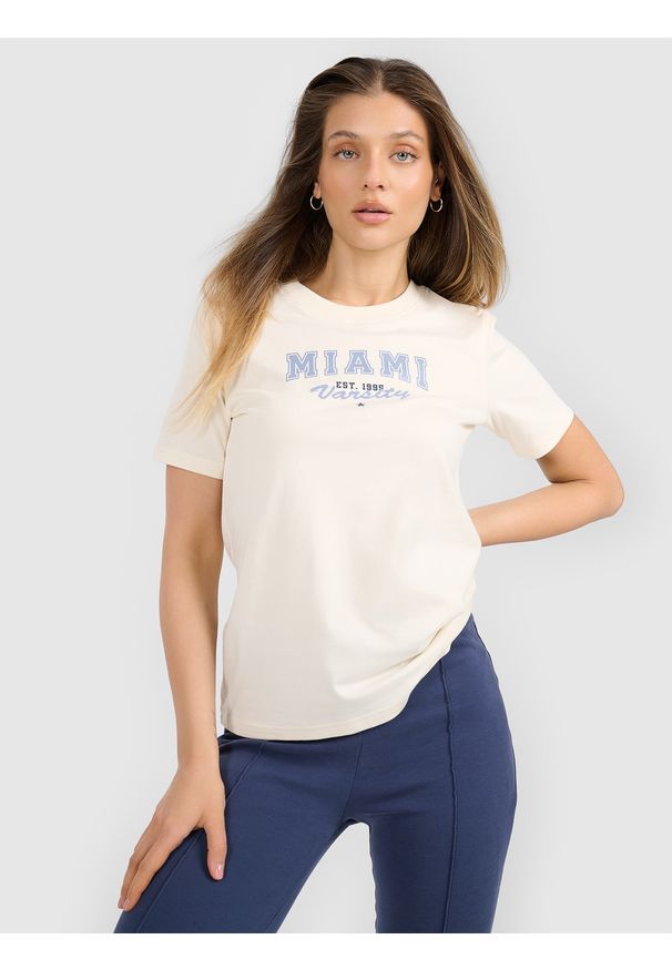4f - 4F T-shirt regular z nadrukiem damski - beżowy S. Okazja: na co dzień. Kolor: beżowy. Materiał: materiał, skóra, bawełna. Długość: długie. Wzór: nadruk. Styl: casual