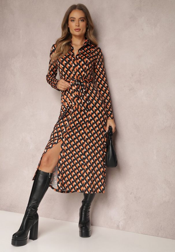 Renee - Pomarańczowo-Czarna Sukienka Koszulowa Rozkloszowana Burrus. Okazja: do pracy, na imprezę, na randkę. Kolor: pomarańczowy. Materiał: dzianina, materiał. Wzór: geometria. Typ sukienki: koszulowe. Styl: elegancki. Długość: midi