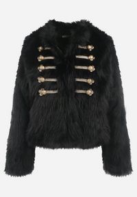 Born2be - Czarna Kurtka z Futerka Ozdobiona Rzędem Guzików w Stylu Retro Sirelanie. Typ kołnierza: kołnierzyk klasyczny. Kolor: czarny. Materiał: futro. Wzór: aplikacja. Styl: retro #6