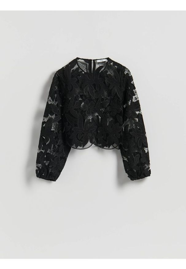 Reserved - Bluzka z haftowanym wzorem - czarny. Kolor: czarny. Materiał: dzianina. Wzór: haft