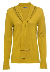 Sweter bonprix zielono-oliwkowy. Typ kołnierza: dekolt w serek. Kolor: żółty. Materiał: materiał, wiskoza, poliamid. Długość rękawa: długi rękaw. Długość: długie #1