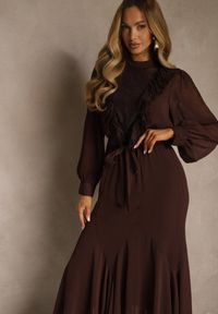 Renee - Brązowa Romantyczna Sukienka z Bufiastymi Rękawami i Falbanką z Koronki Sewmira. Kolor: brązowy. Materiał: koronka. Wzór: koronka. Styl: elegancki, rockowy #2