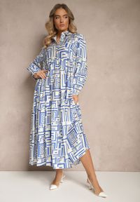 Renee - Niebieska Rozkloszowana Sukienka z Wiskozą w Geometryczny Print Apirestia. Okazja: na co dzień, na spacer. Typ kołnierza: dekolt w kształcie V. Kolor: niebieski. Materiał: wiskoza. Wzór: geometria, nadruk. Typ sukienki: proste. Styl: elegancki, casual #4