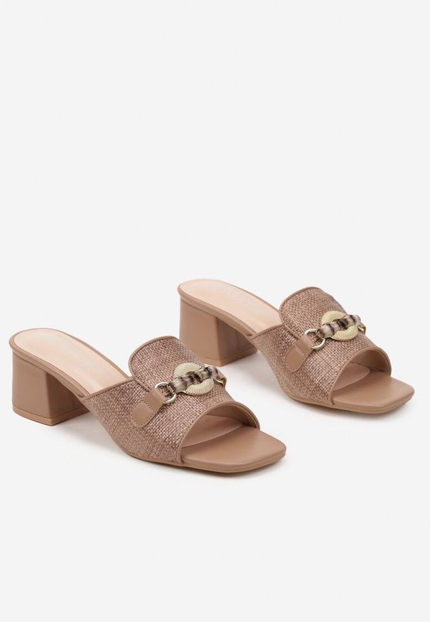 Born2be - Brązowe Eleganckie Klapki na Słupku Zdobione Plecionką i Aplikacją Leandael. Okazja: na co dzień. Kolor: brązowy. Materiał: koronka. Wzór: aplikacja. Obcas: na słupku. Styl: elegancki. Wysokość obcasa: średni