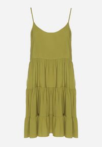 Born2be - Zielona Rozkloszowana Sukienka z Bawełny na Ramiączkach z Falbanami Lilivane. Okazja: na spacer, na co dzień. Kolor: zielony. Materiał: bawełna. Długość rękawa: na ramiączkach. Sezon: wiosna, lato. Typ sukienki: proste. Styl: casual #4