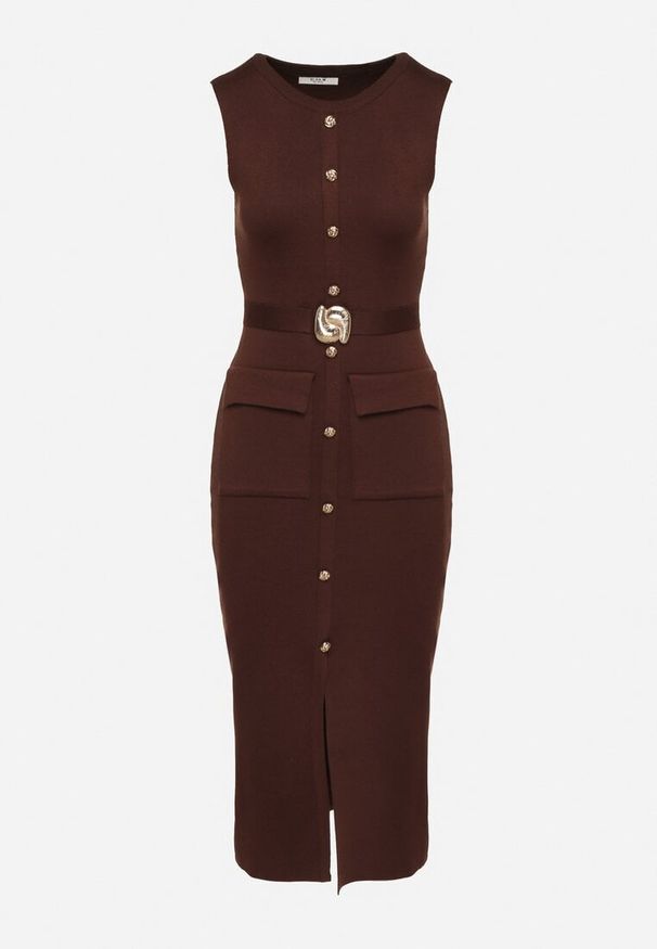 Born2be - Brązowa Elegancka Sukienka Ołówkowa z Dzianiny z Wiskozą z Guzikami i Paskiem Ezerria. Okazja: do pracy, na co dzień. Kolor: brązowy. Materiał: wiskoza, dzianina. Wzór: aplikacja. Typ sukienki: ołówkowe. Styl: elegancki