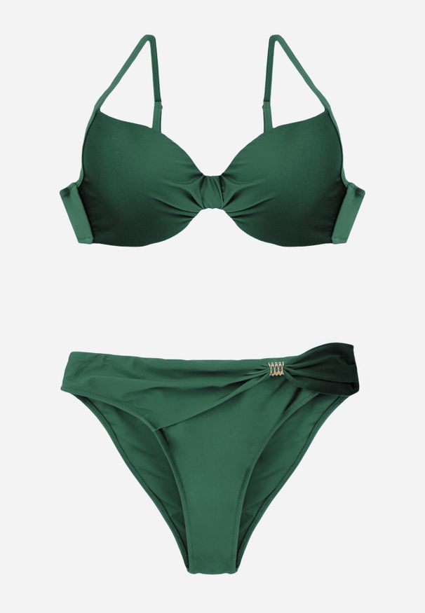 Born2be - Zielone Bikini Biustonosz i Figi z Ozdobnym Marszczeniem i Aplikacją Periete. Kolor: zielony. Wzór: aplikacja