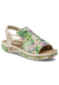Sandały damskie Rieker, cholewka ze skóry ekologicznej z materiałowym wnętrzem i wsuwane, kolorowe, 64841-90. Okazja: na co dzień, na spacer. Zapięcie: bez zapięcia. Kolor: zielony. Materiał: materiał, skóra ekologiczna. Wzór: kolorowy. Sezon: lato. Styl: wakacyjny, casual #1